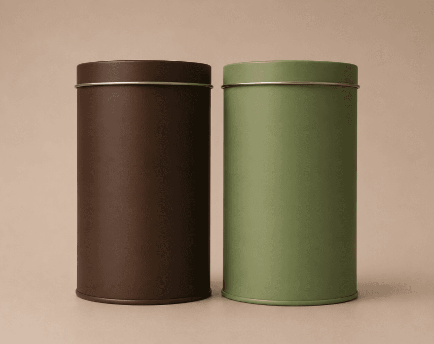The cocoa and sage tins standing side by side