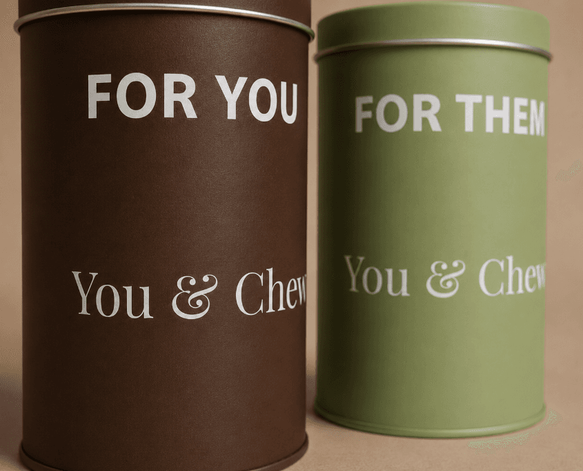 The You & Chew Duo Set gift box, open, with the FOR YOU and FOR THEM tins nested inside